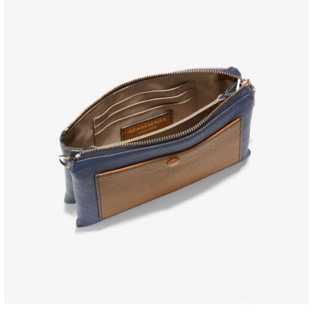 COLE HAAN GRANDSERIES Pebbled Leather Wristlet Pouch Navy Green Cognac